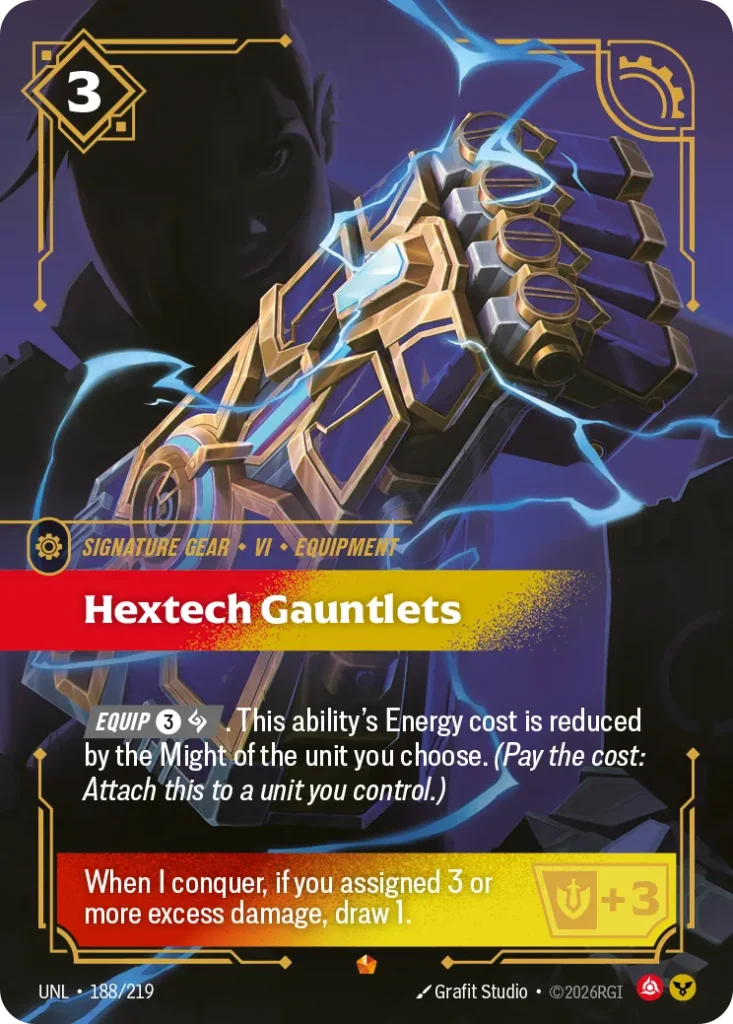 Karta Riftbound: Hextech Gauntlets — Gear, kolor Fury/Order, dodatek Unleashed. Ilustracja: Grafit Studio. Opis karty: Equip 3⚡. This ability's Energy cost is reduced by the Might of the unit you choose. (Pay the cost: Attach this to a unit