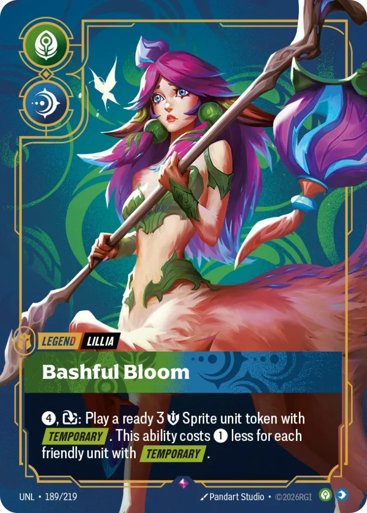 Karta Riftbound: Lillia - Bashful Bloom — Legend, kolor Calm/Mind, dodatek Unleashed. Ilustracja: Pandart Studio. Opis karty: 4⚡, : Play a ready 3 💪 Sprite unit token with Temporary . This ability costs 1⚡ less for each friendly unit with T