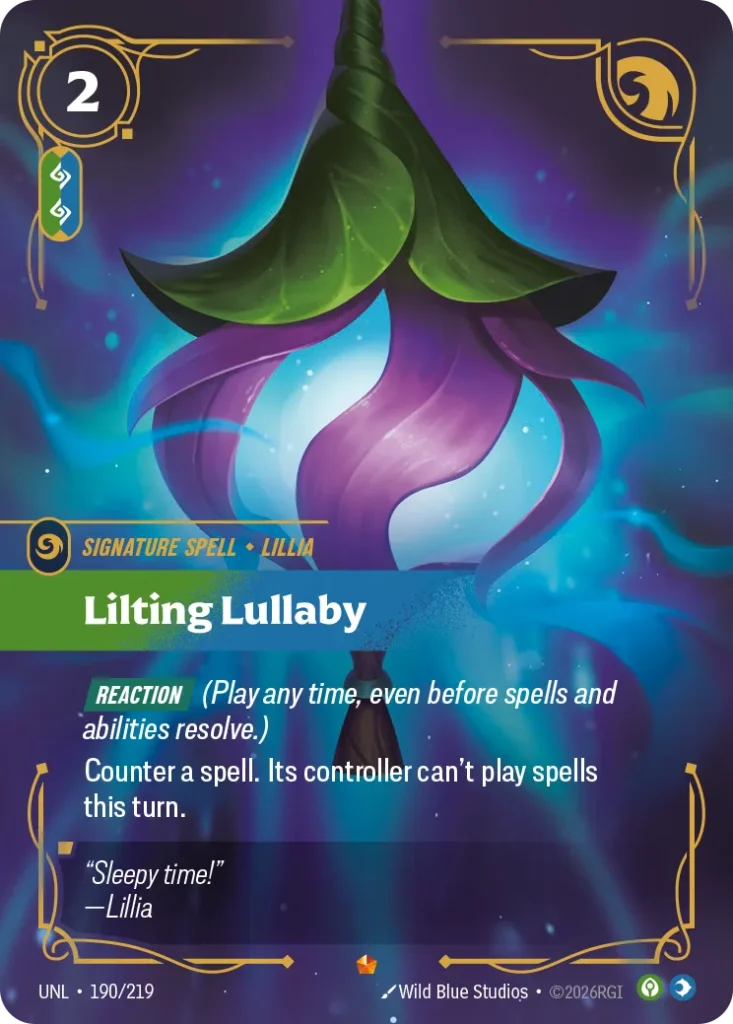 Karta Riftbound: Lilting Lullaby — Spell, kolor Calm/Mind, dodatek Unleashed. Ilustracja: Wild Blue Studio/莺之歌. Opis karty: Reaction (Play any time, even before spells and abilities resolve.)Counter a spell. Its controller can't play spells