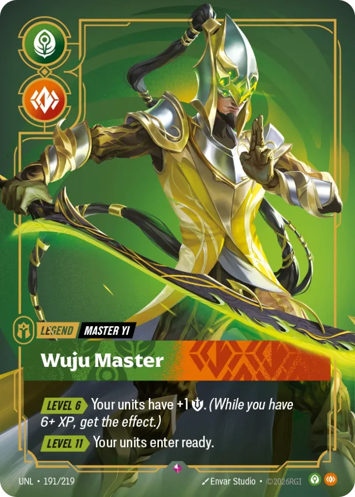 Karta Riftbound: Master Yi - Wuju Master — Legend, kolor Calm/Body, dodatek Unleashed. Ilustracja: Envar Studio. Opis karty: Level 6 > Your units have +1 💪. (While you have 6+ XP, get the effect.) Level 11 > Your units enter ready.