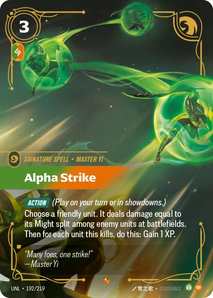 Karta Riftbound: Alpha Strike — Spell, kolor Calm/Body, dodatek Unleashed. Ilustracja: 莺之歌. Opis karty: Action (Play on your turn or in showdowns.)Choose a friendly unit. It deals damage equal to its Might split among enemy units at battlef