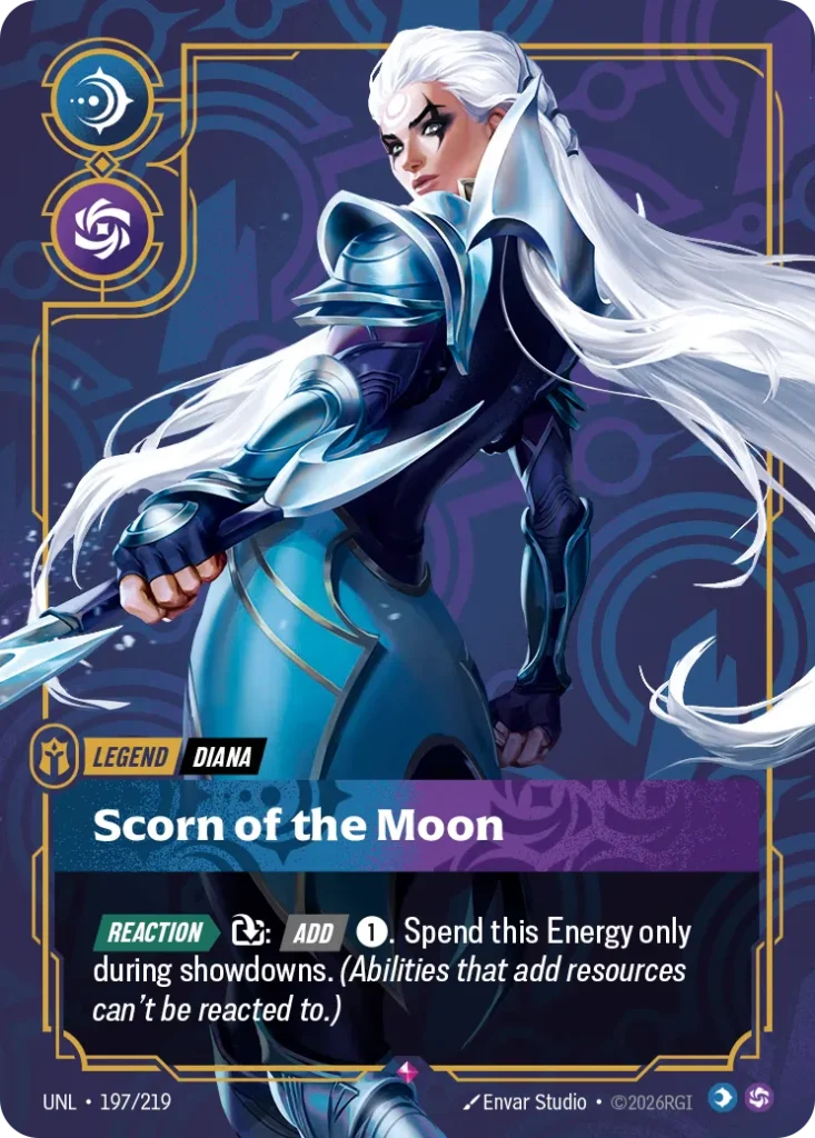 Karta Riftbound: Diana - Scorn of the Moon — Legend, kolor Mind/Chaos, dodatek Unleashed. Ilustracja: Envar Studio. Opis karty: Reaction > : Add 1⚡. Spend this Energy only during showdowns. (Abilities that add resources can't be reacted 