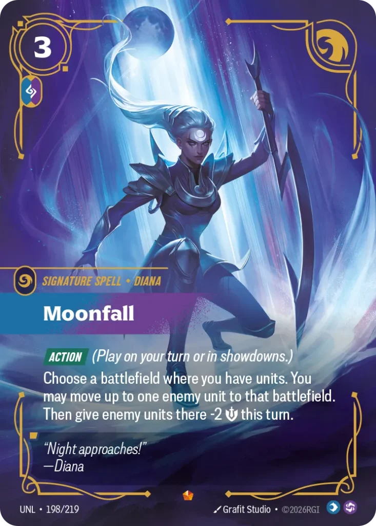Karta Riftbound: Moonfall — Spell, kolor Mind/Chaos, dodatek Unleashed. Ilustracja: Grafit Studio. Opis karty: Action (Play on your turn or in showdowns.)Choose a battlefield where you have units. You may move up to one enemy unit to that b
