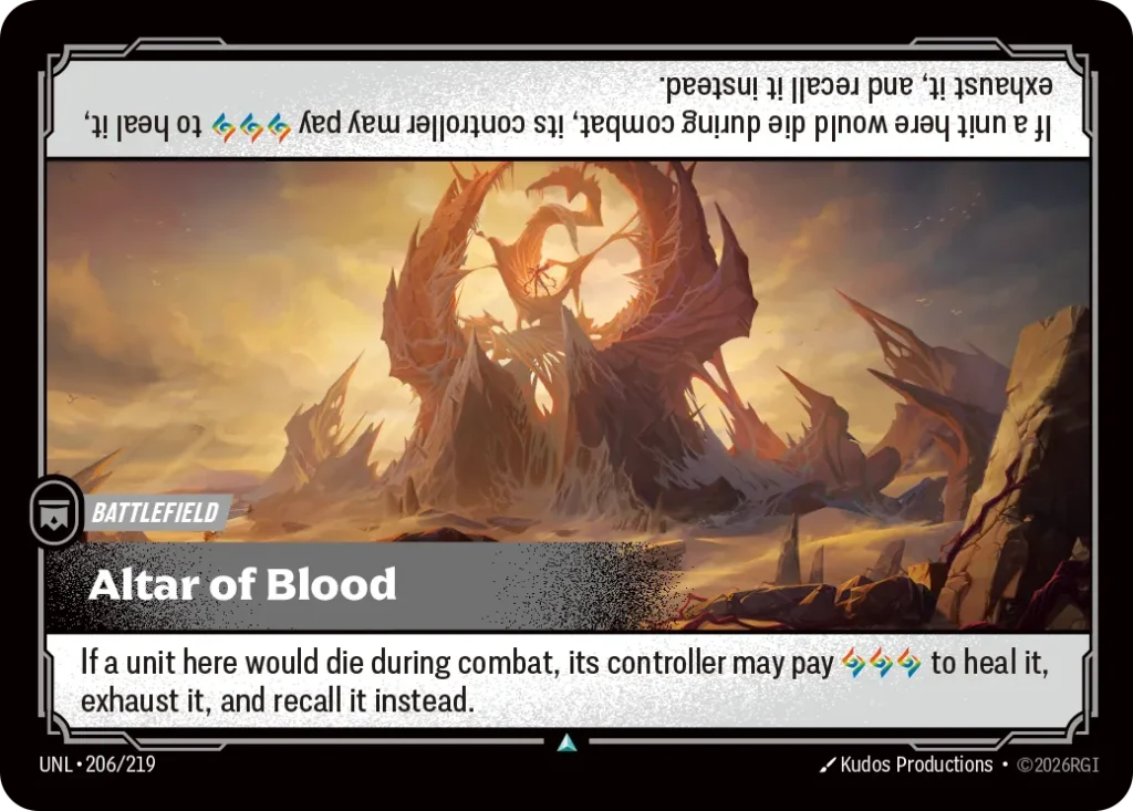 Karta Riftbound: Altar of Blood — Battlefield, kolor Colorless, dodatek Unleashed. Ilustracja: Kudos Productions. Opis karty: If a unit here would die during combat, its controller may pay to heal it, exhaust it, and recall it instead.