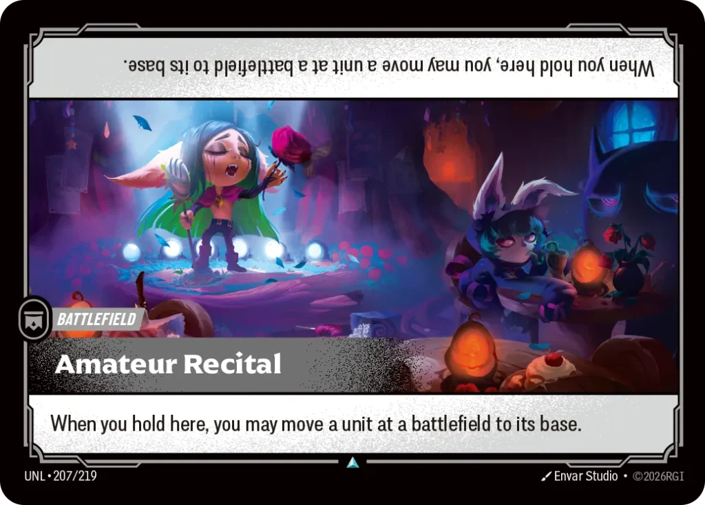 Karta Riftbound: Amateur Recital — Battlefield, kolor Colorless, dodatek Unleashed. Ilustracja: Envar Studio. Opis karty: When you hold here, you may move a unit at a battlefield to its base.