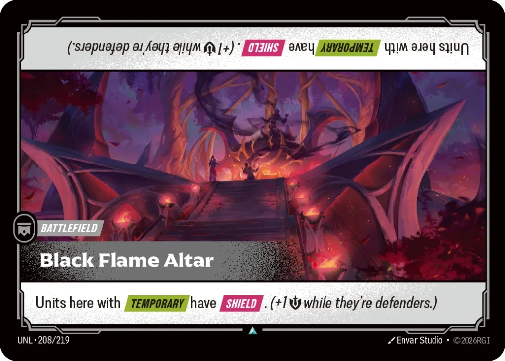 Karta Riftbound: Black Flame Altar — Battlefield, kolor Colorless, dodatek Unleashed. Ilustracja: Envar Studio. Opis karty: Units here with Temporary have Shield . (+1 💪 while they're defenders.)