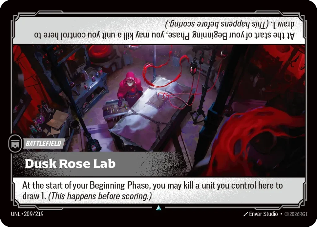 Karta Riftbound: Dusk Rose Lab — Battlefield, kolor Colorless, dodatek Unleashed. Ilustracja: Envar Studio. Opis karty: At the start of your Beginning Phase, you may kill a unit you control here to draw 1. (This happens before scoring.)