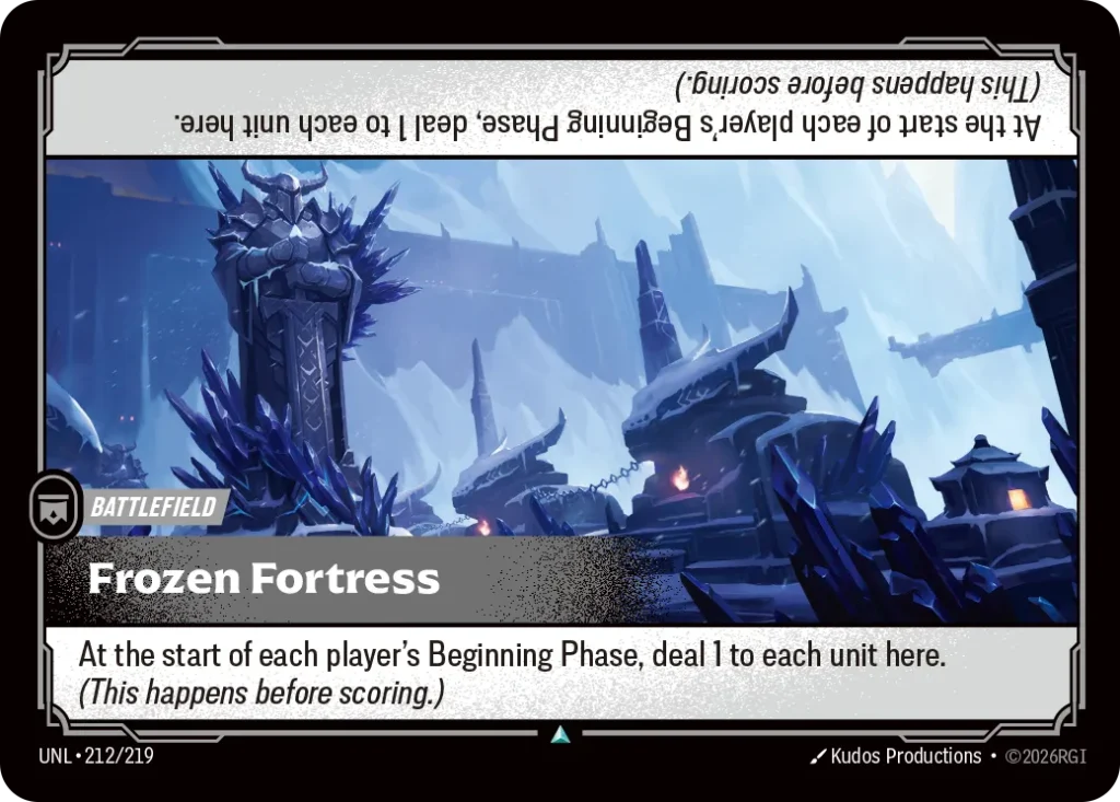 Karta Riftbound: Frozen Fortress — Battlefield, kolor Colorless, dodatek Unleashed. Ilustracja: Kudos Productions. Opis karty: At the start of each player's Beginning Phase, deal 1 to each unit here. (This happens before scoring.)