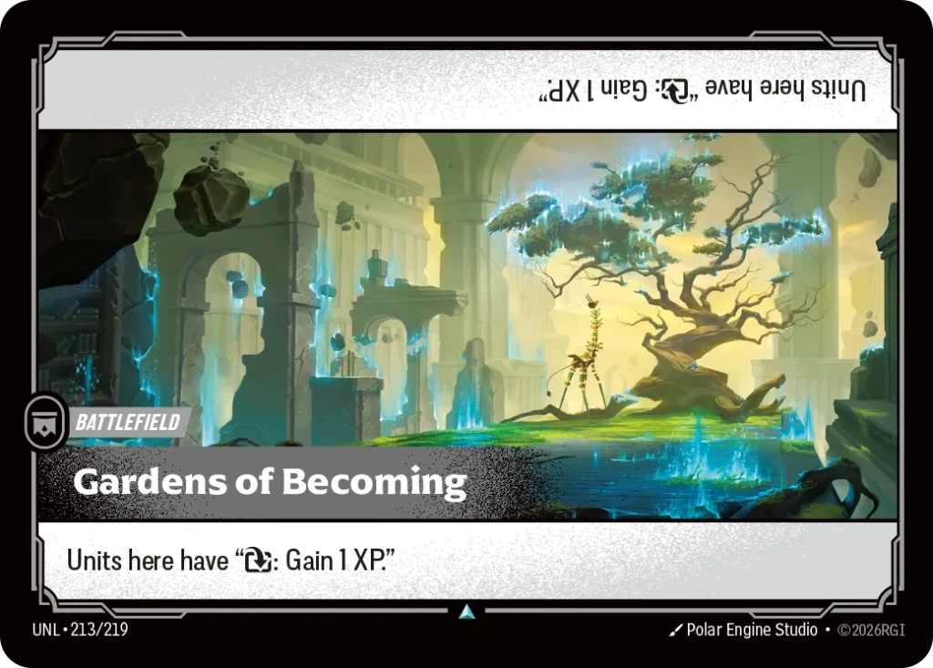 Karta Riftbound: Gardens of Becoming — Battlefield, kolor Colorless, dodatek Unleashed. Ilustracja: Polar Engine Studio. Opis karty: Units here have ": Gain 1 XP."