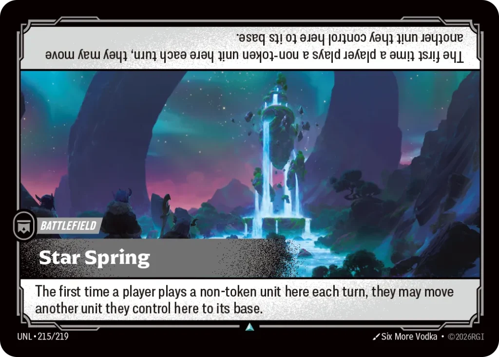 Karta Riftbound: Star Spring — Battlefield, kolor Colorless, dodatek Unleashed. Ilustracja: Six More Vodka. Opis karty: The first time a player plays a non-token unit here each turn, they may move another unit they control here to its base.