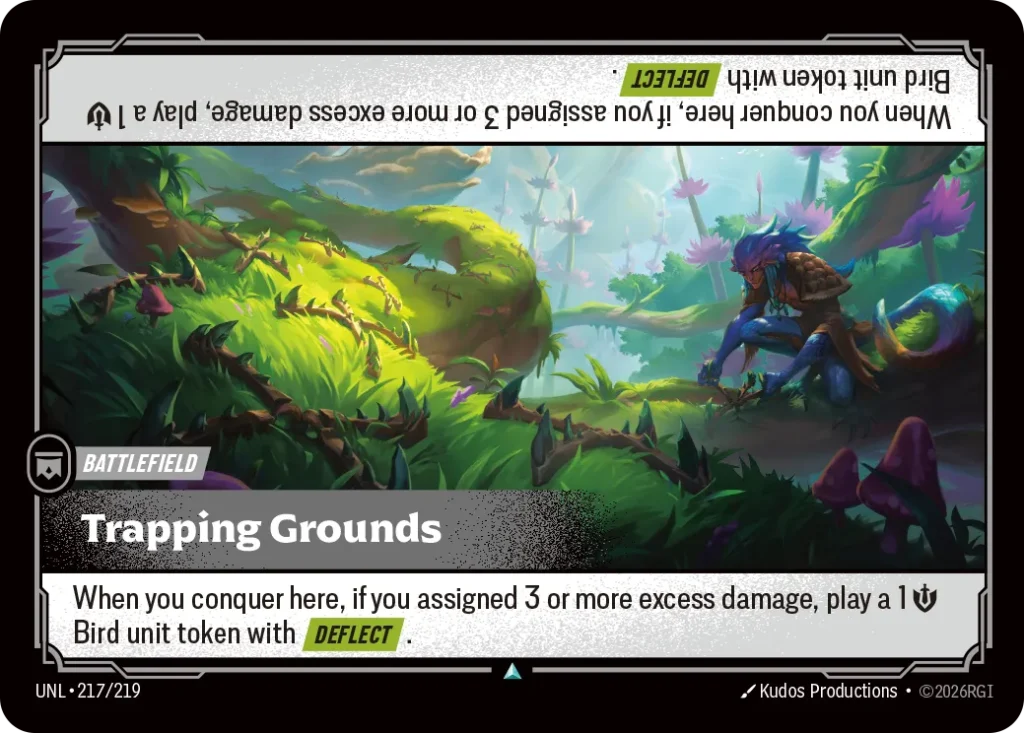 Karta Riftbound: Trapping Grounds — Battlefield, kolor Colorless, dodatek Unleashed. Ilustracja: Kudos Productions. Opis karty: When you conquer here, if you assigned 3 or more excess damage, play a 1 💪 Bird unit token with Deflect .
