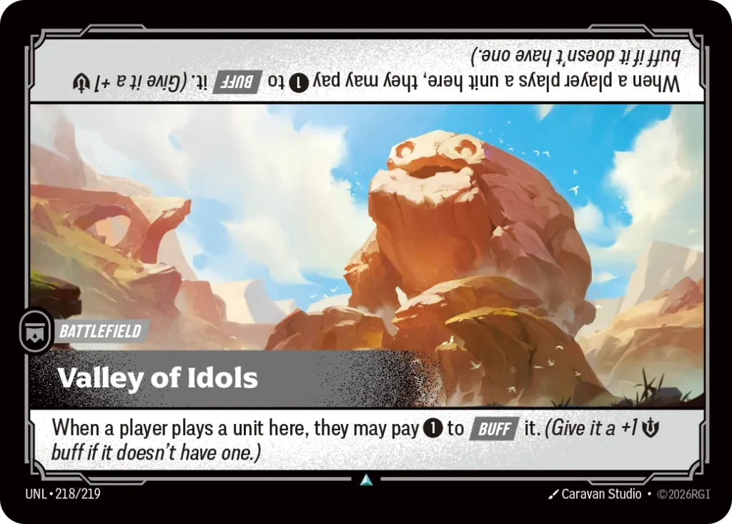 Karta Riftbound: Valley of Idols — Battlefield, kolor Colorless, dodatek Unleashed. Ilustracja: Caravan Studio. Opis karty: When a player plays a unit here, they may pay 1⚡ to Buff it. (Give it a +1 💪 buff if it doesn't have one.)