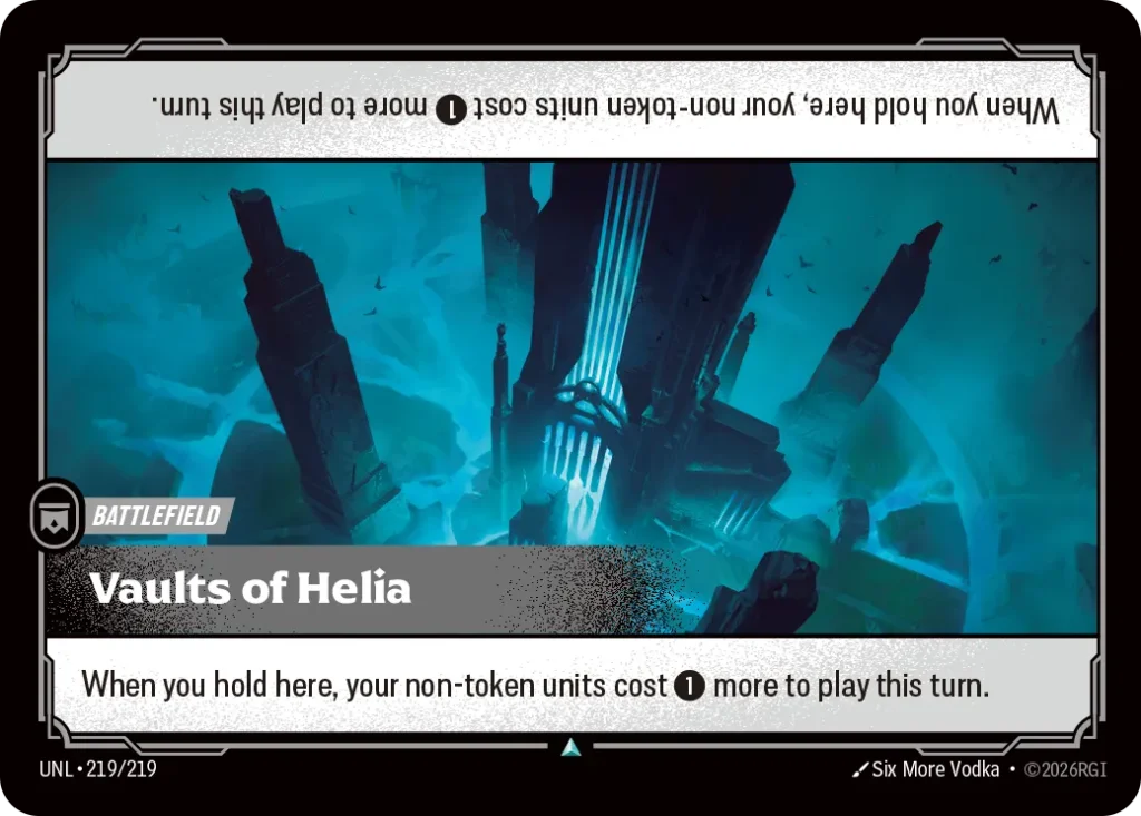Karta Riftbound: Vaults of Helia — Battlefield, kolor Colorless, dodatek Unleashed. Ilustracja: Six More Vodka. Opis karty: When you hold here, your non-token units cost 1⚡ more to play this turn.