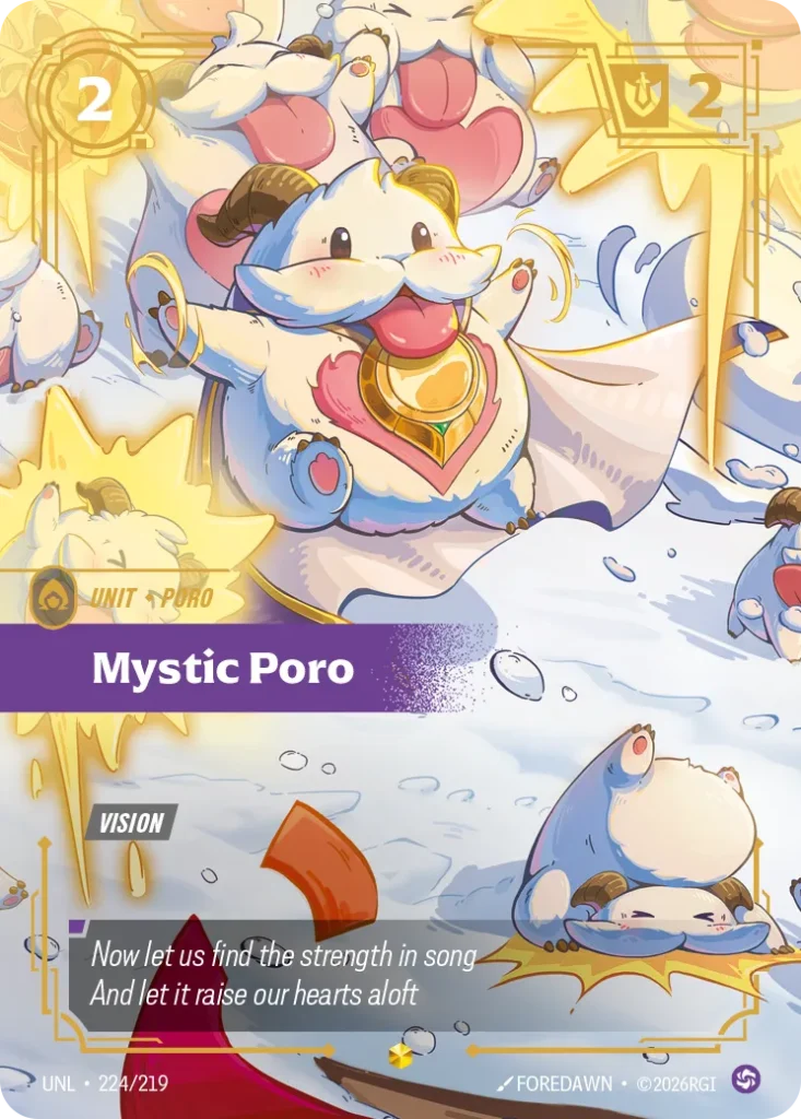 Karta Riftbound: Mystic Poro (Overnumbered) — Unit, kolor Chaos, dodatek Unleashed. Ilustracja: FOREDAWN. Opis karty: Vision
