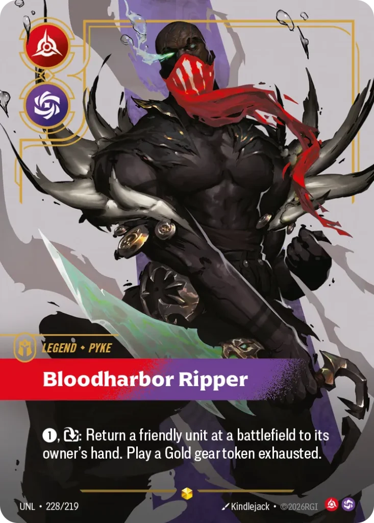 Karta Riftbound: Pyke - Bloodharbor Ripper (Overnumbered) — Legend, kolor Fury/Chaos, dodatek Unleashed. Ilustracja: Kindlejack. Opis karty: 1⚡, : Return a friendly unit at a battlefield to its owner's hand. Play a Gold gear token exhausted
