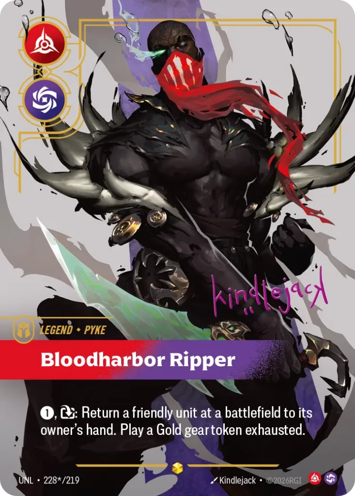 Karta Riftbound: Pyke - Bloodharbor Ripper (Signature) — Legend, kolor Fury/Chaos, dodatek Unleashed. Ilustracja: Kindlejack. Opis karty: 1⚡, : Return a friendly unit at a battlefield to its owner's hand. Play a Gold gear token exhausted.