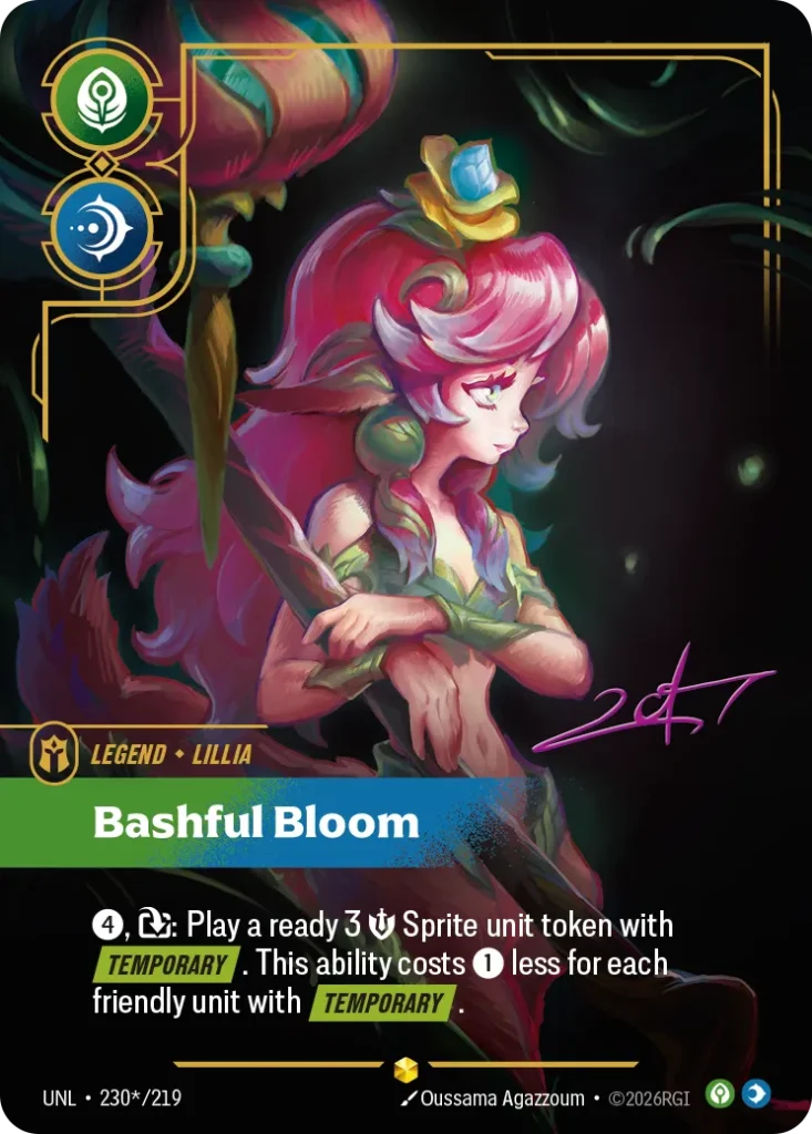 Karta Riftbound: Lillia - Bashful Bloom (Signature) — Legend, kolor Calm/Mind, dodatek Unleashed. Ilustracja: Oussama Agazzoum. Opis karty: 4⚡, : Play a ready 3 💪 Sprite unit token with Temporary . This ability costs 1⚡ less for each friend