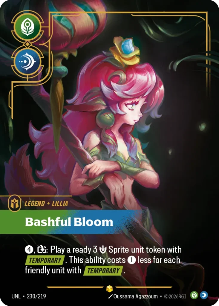 Karta Riftbound: Lillia - Bashful Bloom (Overnumbered) — Legend, kolor Calm/Mind, dodatek Unleashed. Ilustracja: Oussama Agazzoum. Opis karty: 4⚡, : Play a ready 3 💪 Sprite unit token with Temporary . This ability costs 1⚡ less for each fri