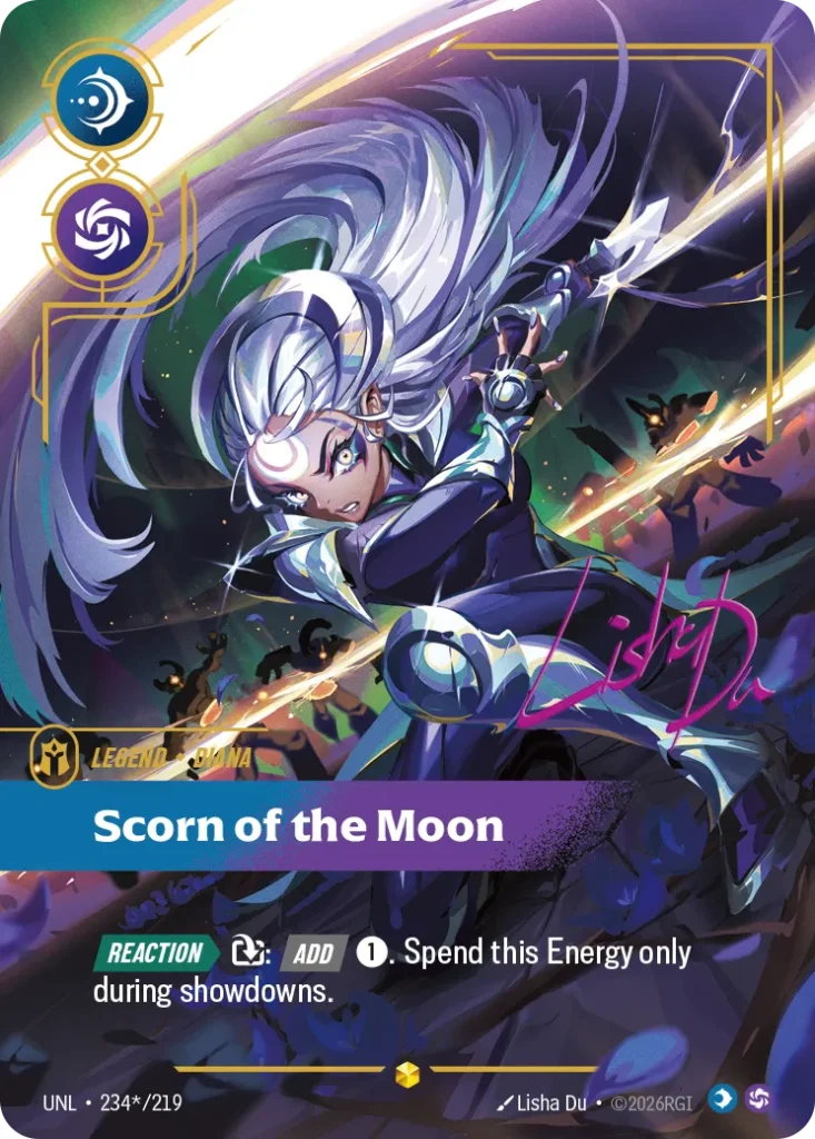 Karta Riftbound: Diana - Scorn of the Moon (Signature) — Legend, kolor Mind/Chaos, dodatek Unleashed. Ilustracja: Lisha Du. Opis karty: Reaction > : Add 1⚡. Spend this Energy only during showdowns.