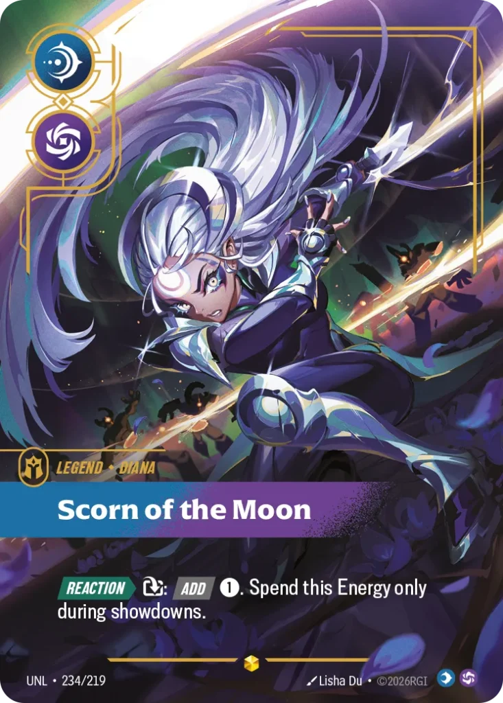 Karta Riftbound: Diana - Scorn of the Moon (Overnumbered) — Legend, kolor Mind/Chaos, dodatek Unleashed. Ilustracja: Lisha Du. Opis karty: Reaction > : Add 1⚡. Spend this Energy only during showdowns.