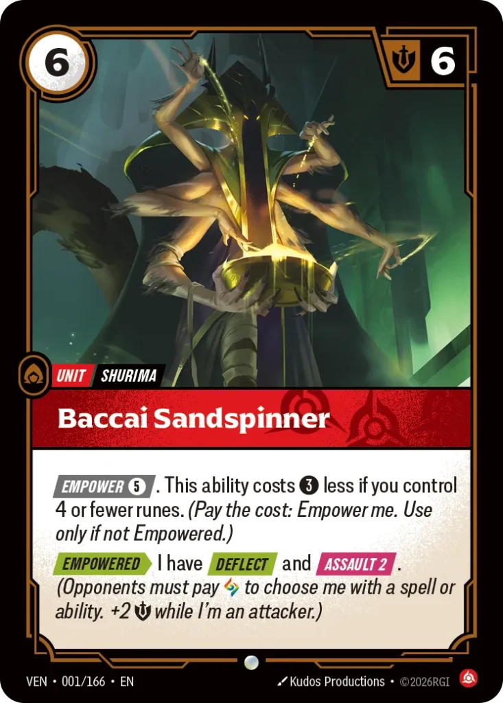 Karta Riftbound: Baccai Sandspinner — Unit, kolor Fury, dodatek Vendetta. Ilustracja: Kudos Productions. Opis karty: Empower 5⚡. This ability costs 3⚡ less if you control 4 or fewer runes. (Pay the cost: Empower me. Use only if not Empowere