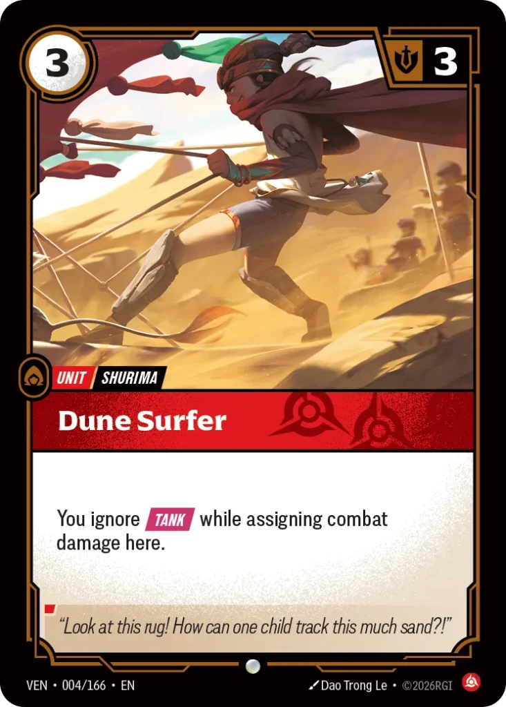 Karta Riftbound: Dune Surfer — Unit, kolor Fury, dodatek Vendetta. Ilustracja: Dao Trong Le. Opis karty: You ignore Tank while assigning combat damage here.