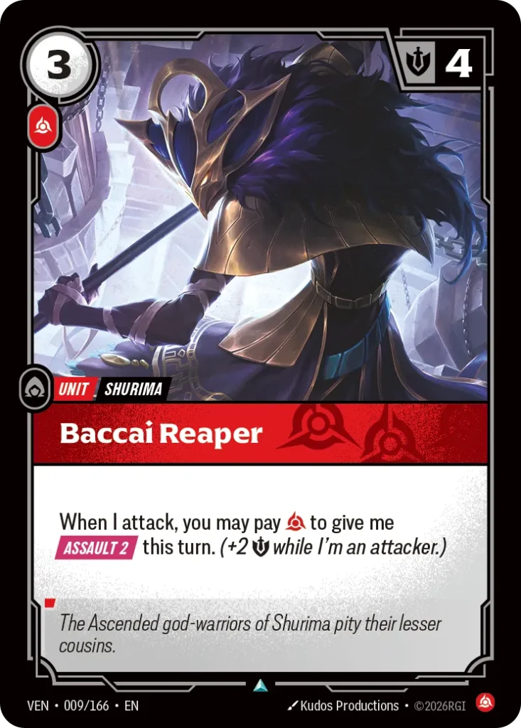Karta Riftbound: Baccai Reaper — Unit, kolor Fury, dodatek Vendetta. Ilustracja: Kudos Productions. Opis karty: When I attack, you may pay to give me Assault 2 this turn. (+2 💪 while I'm an attacker.)