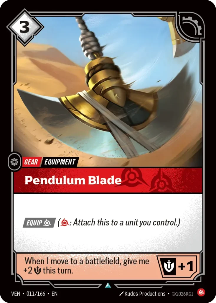Karta Riftbound: Pendulum Blade — Gear, kolor Fury, dodatek Vendetta. Ilustracja: Kudos Productions. Opis karty: Equip (: Attach this to a unit you control.)