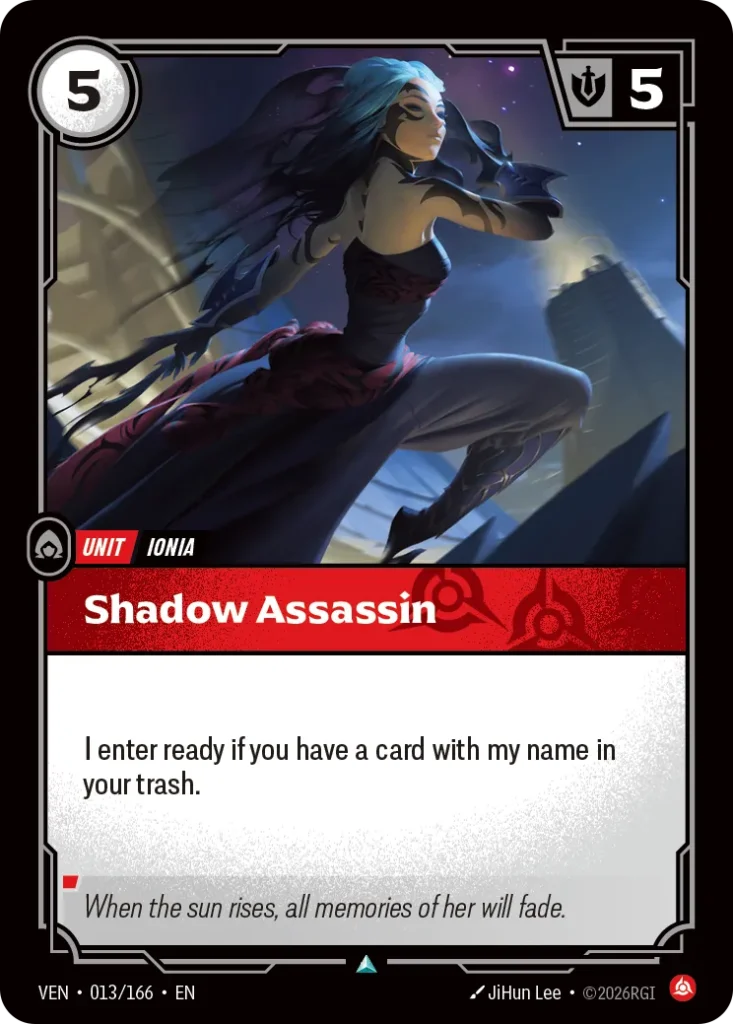 Karta Riftbound: Shadow Assassin — Unit, kolor Fury, dodatek Vendetta. Ilustracja: JiHun Lee. Opis karty: I enter ready if you have a card with my name in your trash.