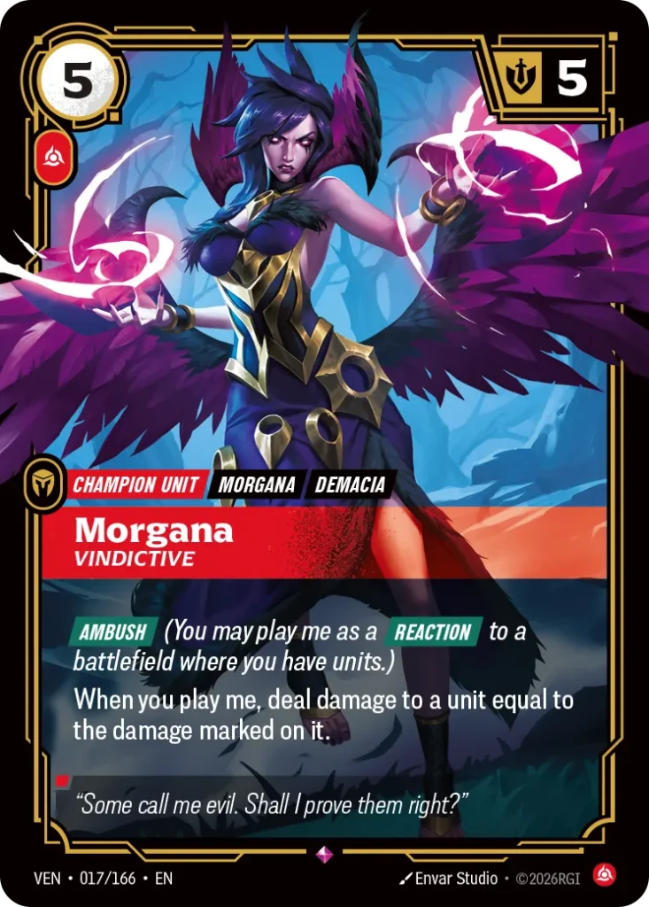 Karta Riftbound: Morgana, Vindictive — Unit, kolor Fury, dodatek Vendetta. Ilustracja: Envar Studio. Opis karty: Ambush (You may play me as a Reaction to a battlefield where you have units.)When you play me, deal damage to a unit equal to t