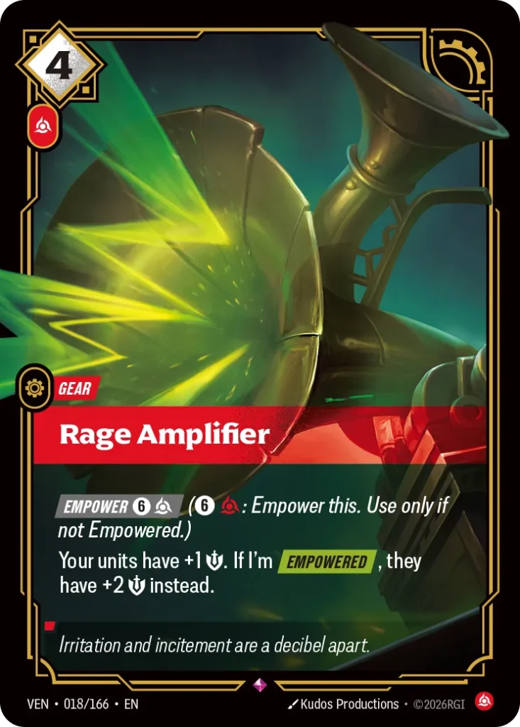Karta Riftbound: Rage Amplifier — Gear, kolor Fury, dodatek Vendetta. Ilustracja: Kudos Productions. Opis karty: Empower 6⚡ (6⚡: Empower this. Use only if not Empowered.)Your units have +1 💪. If I'm Empowered , they have +2 💪 instead.