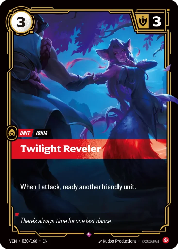 Karta Riftbound: Twilight Reveler — Unit, kolor Fury, dodatek Vendetta. Ilustracja: Kudos Productions. Opis karty: When I attack, ready another friendly unit.