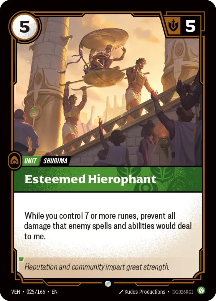 Karta Riftbound: Esteemed Hierophant — Unit, kolor Calm, dodatek Vendetta. Ilustracja: Kudos Productions. Opis karty: While you control 7 or more runes, prevent all damage that enemy spells and abilities would deal to me.