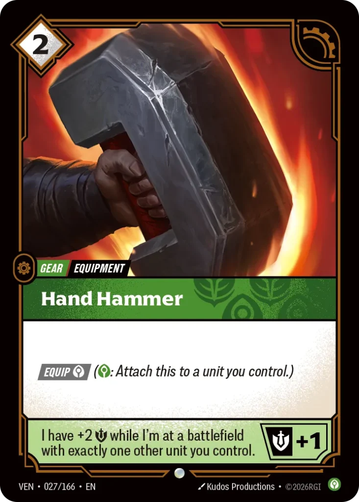 Karta Riftbound: Hand Hammer — Gear, kolor Calm, dodatek Vendetta. Ilustracja: Kudos Productions. Opis karty: Equip (: Attach this to a unit you control.)