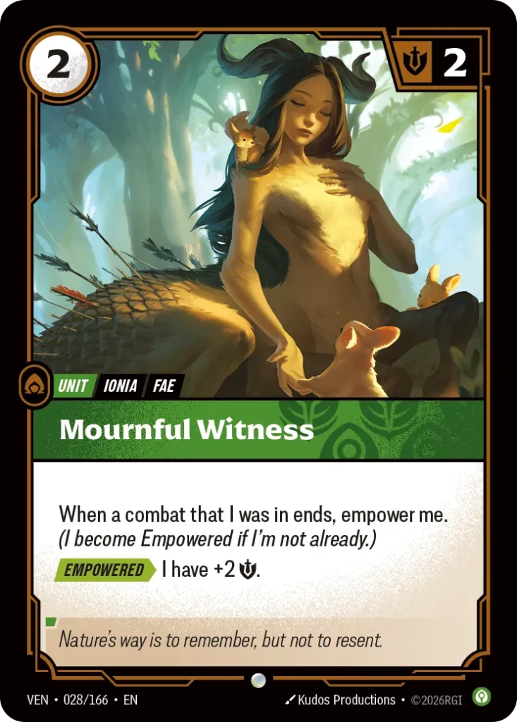 Karta Riftbound: Mournful Witness — Unit, kolor Calm, dodatek Vendetta. Ilustracja: Kudos Productions. Opis karty: When a combat that I was in ends, empower me. (I become Empowered if I'm not already.) Empowered > I have +2 💪.