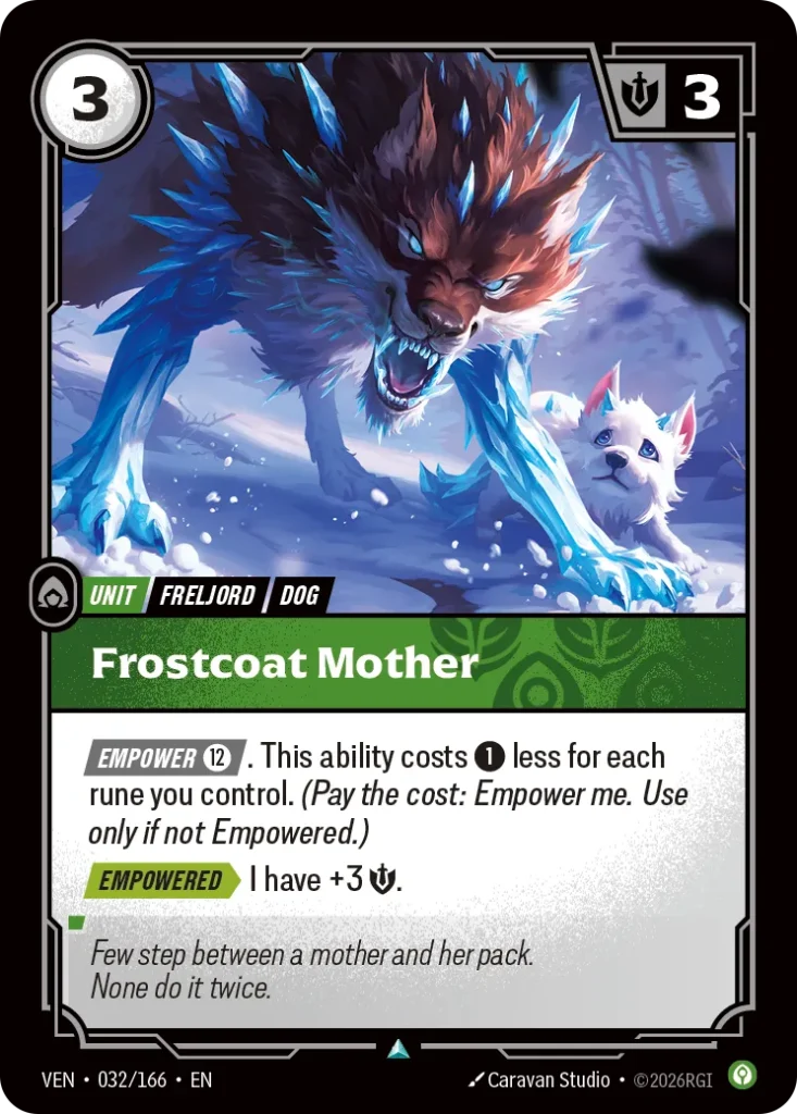 Karta Riftbound: Frostcoat Mother — Unit, kolor Calm, dodatek Vendetta. Ilustracja: Caravan Studio. Opis karty: Empower 12⚡. This ability costs 1⚡ less for each rune you control. (Pay the cost: Empower me. Use only if not Empowered.) Empowe