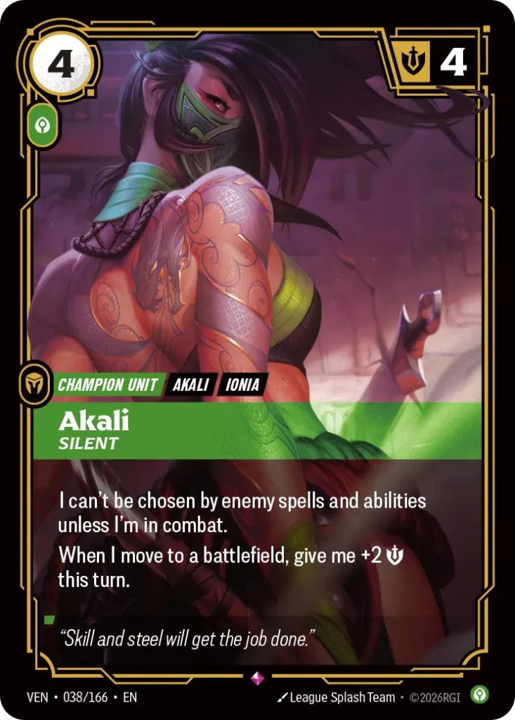 Karta Riftbound: Akali, Silent — Unit, kolor Calm, dodatek Vendetta. Ilustracja: League Splash Team. Opis karty: I can't be chosen by enemy spells and abilities unless I'm in combat.When I move to a battlefield, give me +2 💪 this turn.