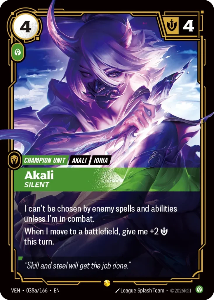 Karta Riftbound: Akali, Silent (Alternate Art) — Unit, kolor Calm, dodatek Vendetta. Ilustracja: League Splash Team. Opis karty: I can't be chosen by enemy spells and abilities unless I'm in combat.When I move to a battlefield, give me +2 💪