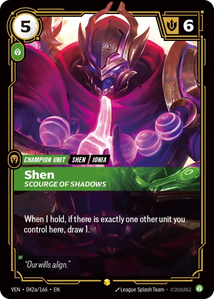 Karta Riftbound: Shen, Scourge of Shadows (Alternate Art) — Unit, kolor Calm, dodatek Vendetta. Ilustracja: League Splash Team. Opis karty: When I hold, if there is exactly one other unit you control here, draw 1.