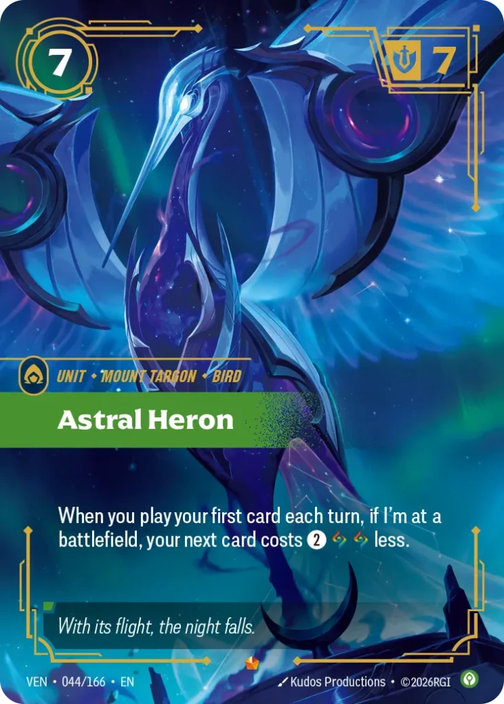 Karta Riftbound: Astral Heron — Unit, kolor Calm, dodatek Vendetta. Ilustracja: Kudos Productions. Opis karty: When you play your first card each turn, if I'm at a battlefield, your next card costs 2⚡ less.