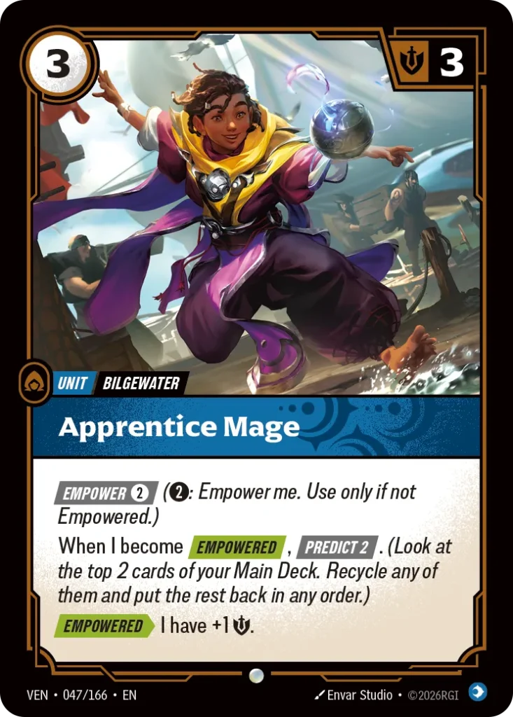 Karta Riftbound: Apprentice Mage — Unit, kolor Mind, dodatek Vendetta. Ilustracja: Envar Studio. Opis karty: Empower 2⚡ (2⚡: Empower me. Use only if not Empowered.)When I become Empowered , Predict 2 . (Look at the top 2 cards of your Main 