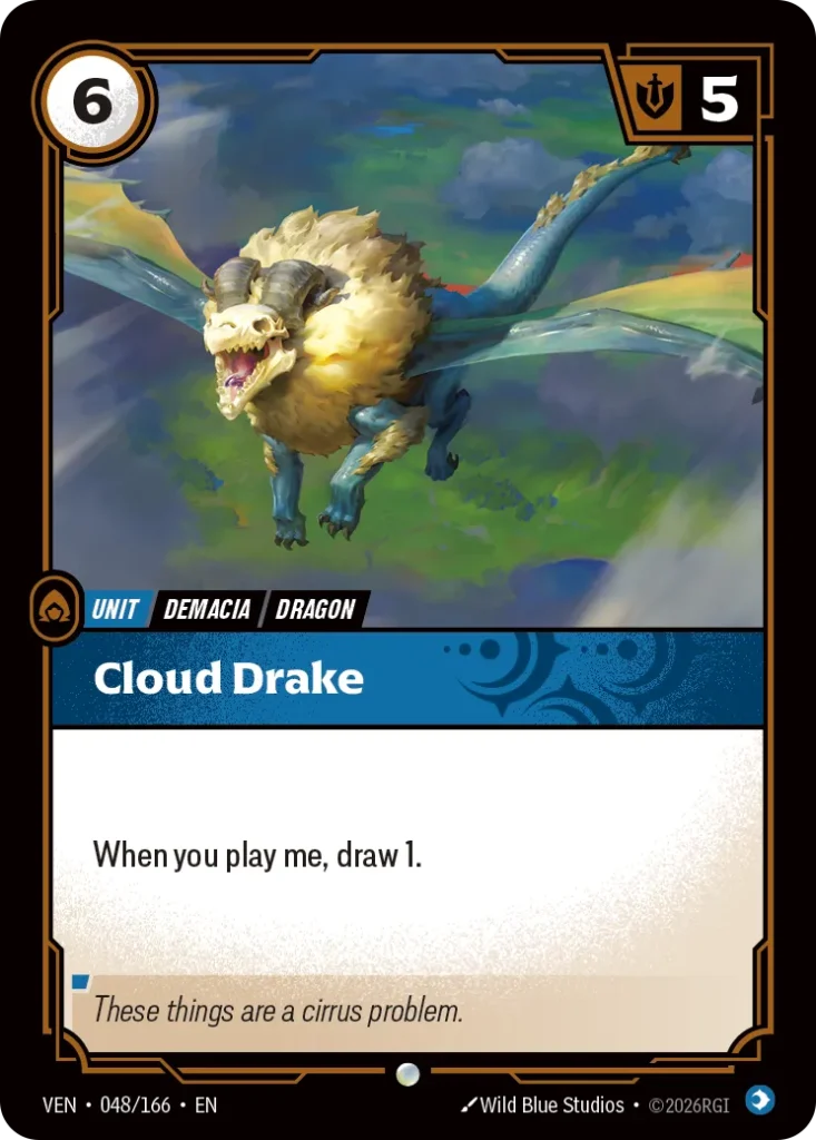 Karta Riftbound: Cloud Drake — Unit, kolor Mind, dodatek Vendetta. Ilustracja: Wild Blue Studios. Opis karty: When you play me, draw 1.