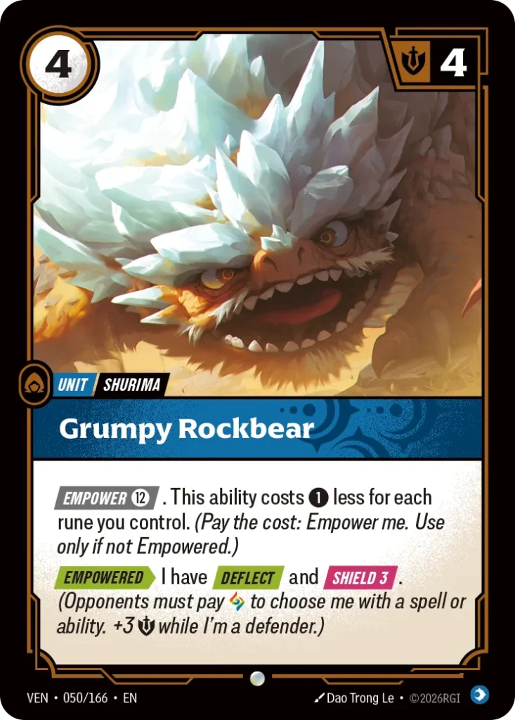 Karta Riftbound: Grumpy Rockbear — Unit, kolor Mind, dodatek Vendetta. Ilustracja: Dao Trong Le. Opis karty: Empower 12⚡. This ability costs 1⚡ less for each rune you control. (Pay the cost: Empower me. Use only if not Empowered.) Empowered
