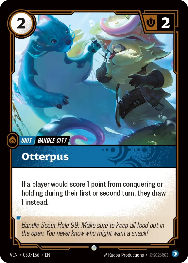 Karta Riftbound: Otterpus — Unit, kolor Mind, dodatek Vendetta. Ilustracja: Kudos Productions. Opis karty: If a player would score 1 point from conquering or holding during their first or second turn, they draw 1 instead.