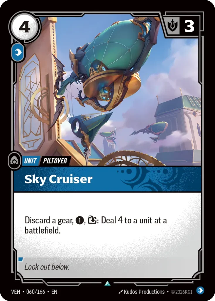 Karta Riftbound: Sky Cruiser — Unit, kolor Mind, dodatek Vendetta. Ilustracja: Kudos Productions. Opis karty: Discard a gear, 1⚡, : Deal 4 to a unit at a battlefield.