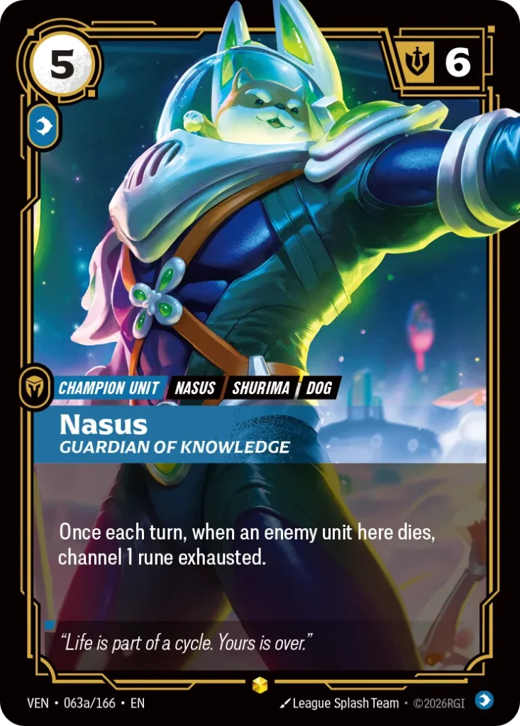 Karta Riftbound: Nasus, Guardian of Knowledge (Alternate Art) — Unit, kolor Mind, dodatek Vendetta. Ilustracja: League Splash Team. Opis karty: Once each turn, when an enemy unit here dies, channel 1 rune exhausted.