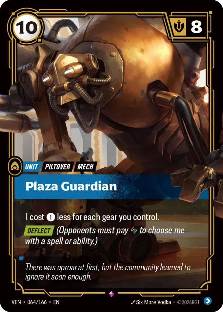 Karta Riftbound: Plaza Guardian — Unit, kolor Mind, dodatek Vendetta. Ilustracja: Six More Vodka. Opis karty: I cost 1⚡ less for each gear you control. Deflect (Opponents must pay to choose me with a spell or ability.)