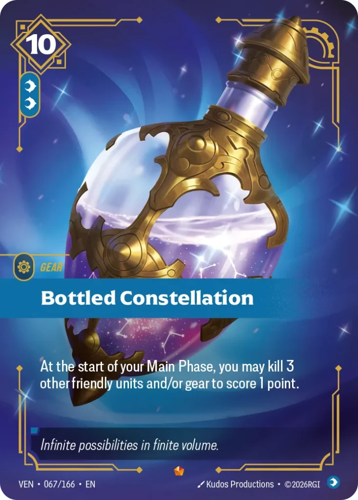 Karta Riftbound: Bottled Constellation — Gear, kolor Mind, dodatek Vendetta. Ilustracja: Kudos Productions. Opis karty: At the start of your Main Phase, you may kill 3 other friendly units and/or gear to score 1 point.