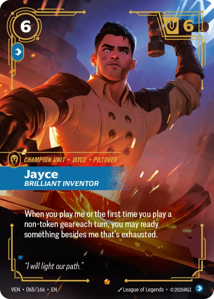 Karta Riftbound: Jayce, Brilliant Inventor — Unit, kolor Mind, dodatek Vendetta. Ilustracja: Pandart Studio. Opis karty: When you play me or the first time you play a non-token gear each turn, you may ready something besides me that's exhau