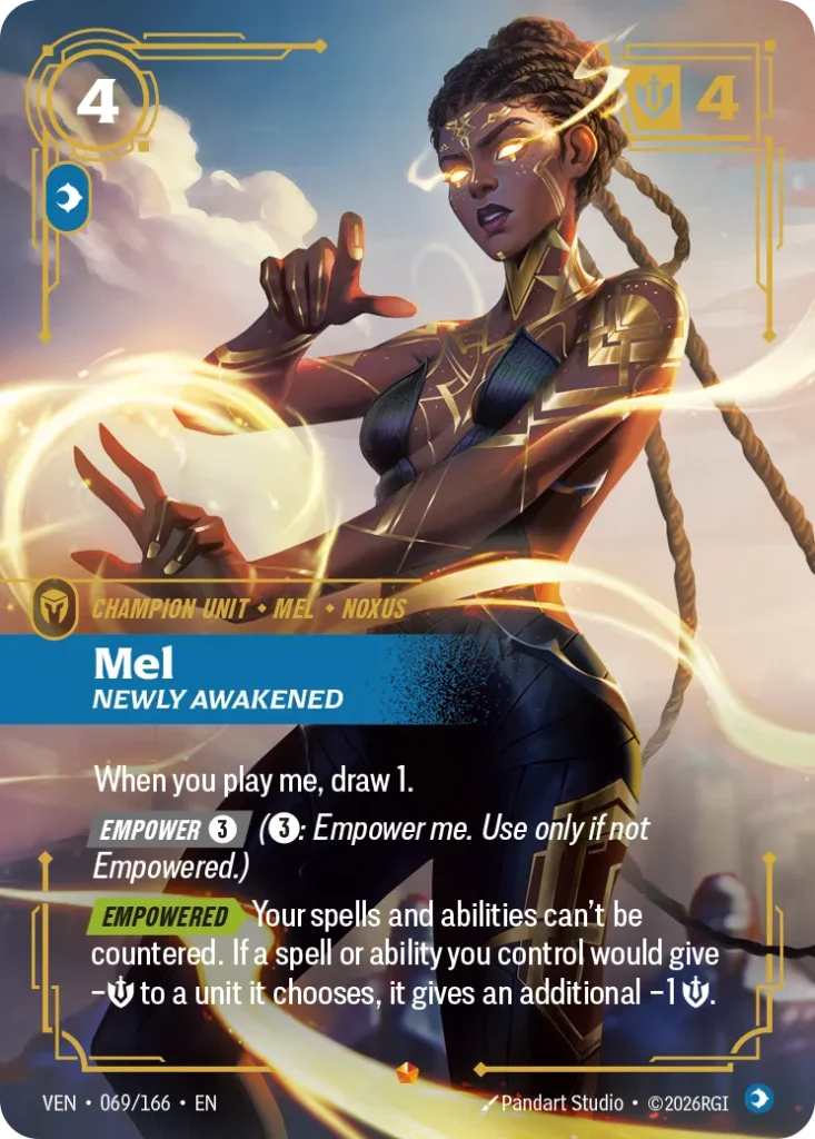 Karta Riftbound: Mel, Newly Awakened — Unit, kolor Mind, dodatek Vendetta. Ilustracja: Pandart Studio. Opis karty: When you play me, draw 1. Empower 3⚡ (3⚡: Empower me. Use only if not Empowered.) Empowered > Your spells and abilities ca